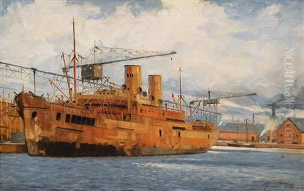 Ship In The Dockyard Oil Painting by Victor Qvistorff