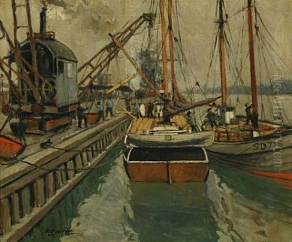 Sailing Ships At The Quay Oil Painting by Victor Qvistorff