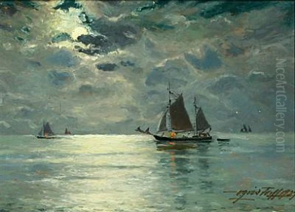 Sunset With Sailing Ships On The Sound Oil Painting by Victor Qvistorff