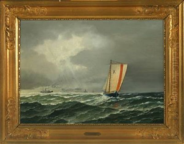 Seascape With Sailing Ship And Motor Boats Oil Painting by Victor Qvistorff