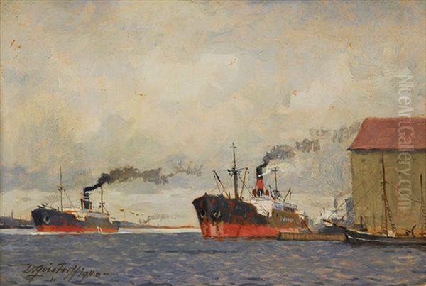 Two Freighters In A Harbour by Victor Qvistorff