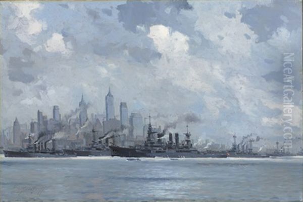 German Warships In New York Harbor Honoring The Visit Of Kaiser Wilhelm's Son, With A View Of The New York Skyline by Victor Qvistorff