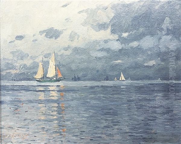 Viele Segler Auf Ruhiger See, Dunkle Wolken Am Horizont by Victor Qvistorff