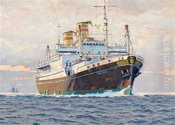 Marinemaleri Med Gdynia-amerika-liniens Passagerskib Ms "batory" (+ Smabade Set Fra Kysten, 1930; Pair) by Victor Qvistorff