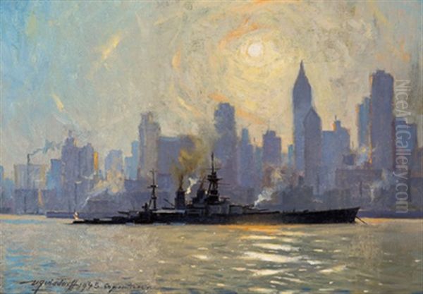 Der Englische Kreuzer "hood" Vor Der Skyline Von New York by Victor Qvistorff