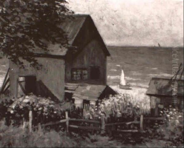 Cottage By The Lake Oil Painting by Georg Raab