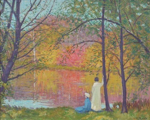 Two Figures By A River Oil Painting by George Raab