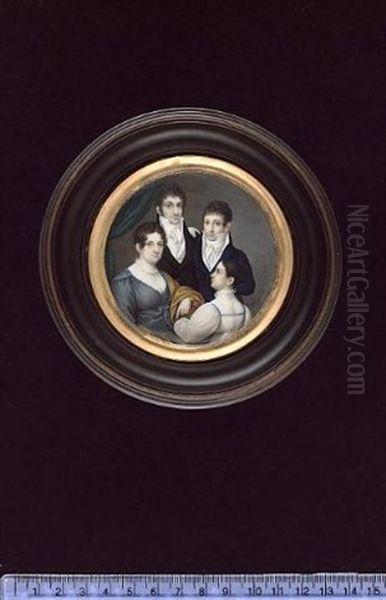 A Family Group: The Father And Son Wearing Dark Coloured Coats And White Stocks; The Mother Wearing Grey Dress With White And Brown Shawl Over Her Arm; The Daughter Wearing White Dress With High Ruff Oil Painting by Karl Josef Raabe