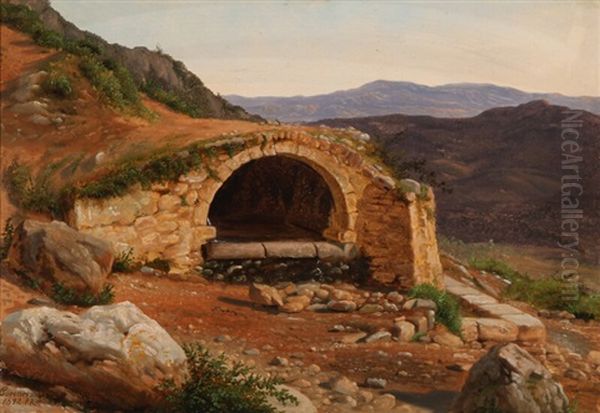 A Cave In An Italian Mountain Landscape Oil Painting by Peter (Johann P.) Raadsig