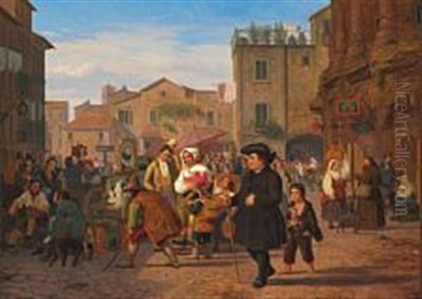 Scenes From Real Life In One Of Rome's Squares Oil Painting by Peter (Johann P.) Raadsig