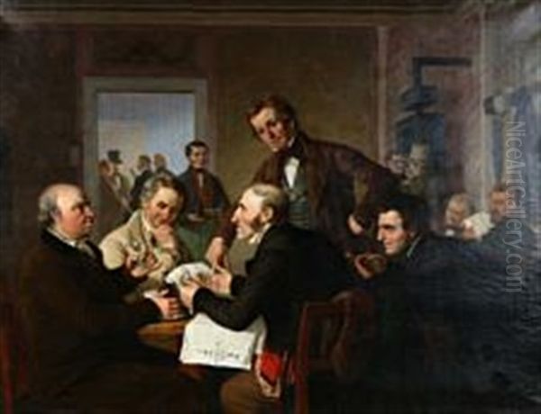 Guests At A Bar Discussing Politics Oil Painting by Peter (Johann P.) Raadsig