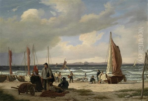 Fisherfolk On A Beach Oil Painting by Peter (Johann P.) Raadsig