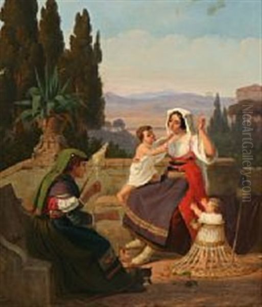 Roman Family Idyll With A Mother And Two Small Children Visiting Grandmother Oil Painting by Peter (Johann P.) Raadsig