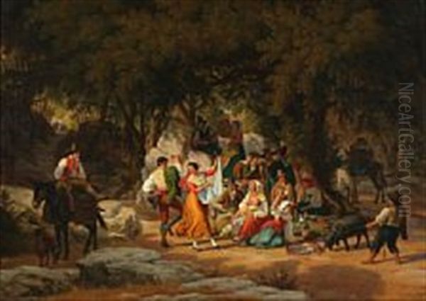 Italian Villagers On A Picnic In The Forest Oil Painting by Peter (Johann P.) Raadsig