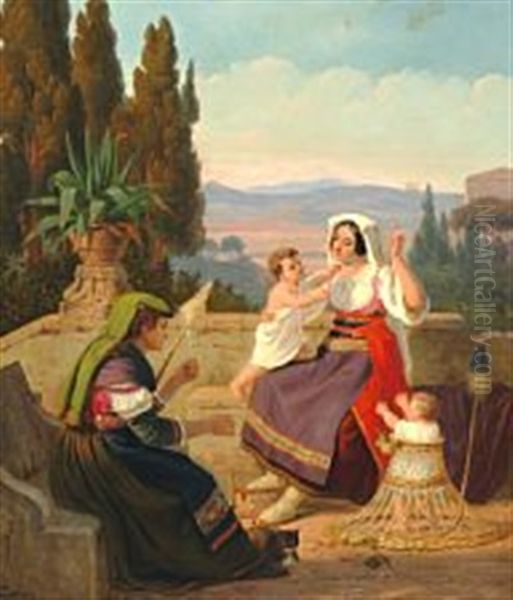 Roman Family Idyll With A Mother And Two Small Children Visiting Grandmother Oil Painting by Peter (Johann P.) Raadsig