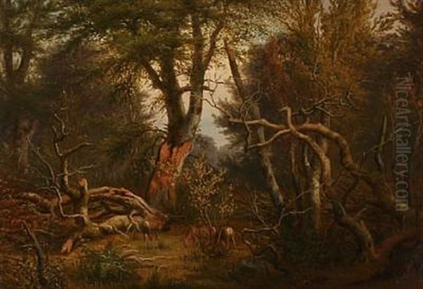 Autumn Forest With Deer Oil Painting by Peter (Johann P.) Raadsig