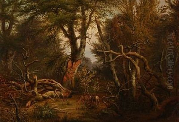 Autumn Forest With Deer Oil Painting by Peter (Johann P.) Raadsig