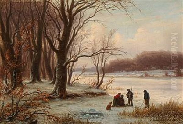 Winter With Playing Children On A Frozen Lake Oil Painting by Peter (Johann P.) Raadsig