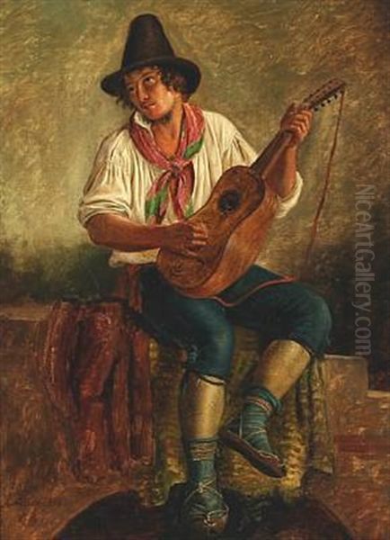 Italian Mandolin Player Oil Painting by Peter (Johann P.) Raadsig