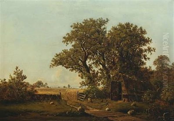 A Cottage Near Old Oak Trees And Cornfields Oil Painting by Peter (Johann P.) Raadsig