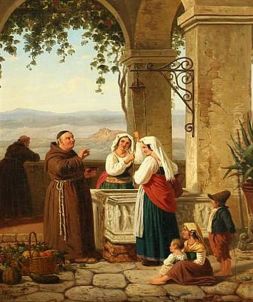 Italian Landscape With Women And Monks By The Well Oil Painting by Peter (Johann P.) Raadsig