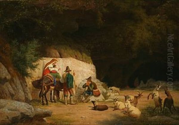 Scene From Italy With Goat Herders In Conversation In Front A Cave Oil Painting by Peter (Johann P.) Raadsig