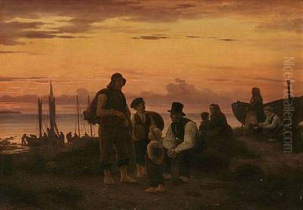 The Fishermen Of Hornbaek Gathering In The Evening After A Workday Oil Painting by Peter (Johann P.) Raadsig