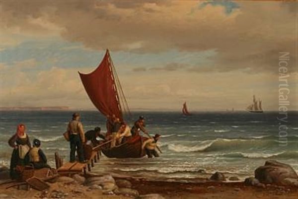 Coastal Scene With Fishermen Who Gets The Caught On Land Oil Painting by Peter (Johann P.) Raadsig