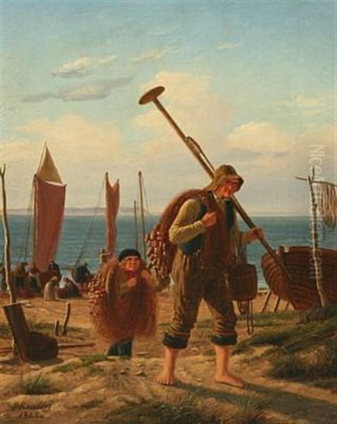 Fishermen On The Beach Oil Painting by Peter (Johann P.) Raadsig