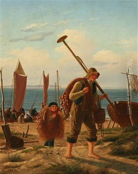 Fishermen On The Beach Oil Painting by Peter (Johann P.) Raadsig