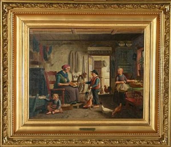 Country Interior With Grandmother Carding Wool by Peter (Johann P.) Raadsig