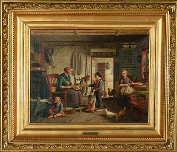 Country Interior With Grandmother Carding Wool Oil Painting by Peter (Johann P.) Raadsig