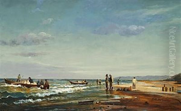 Fishermen On The Beach Under A Blue Sky Oil Painting by Peter (Johann P.) Raadsig