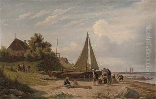 Selling Fish On The Shore Oil Painting by Peter (Johann P.) Raadsig