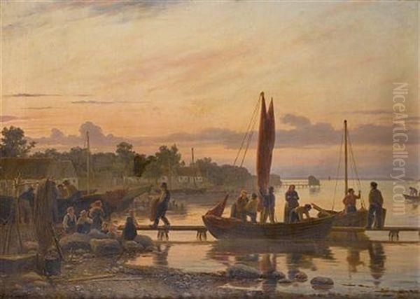 Unloading The Boat, Sunset Oil Painting by Peter (Johann P.) Raadsig