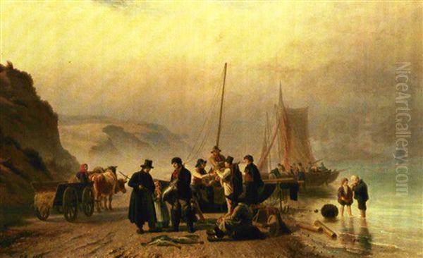 Fiskere Pa Stranden Saelger Deres Fangst Oil Painting by Peter (Johann P.) Raadsig