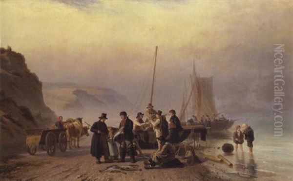 Fiskere Pa Stranden Saelger Deres Fangst Oil Painting by Peter (Johann P.) Raadsig