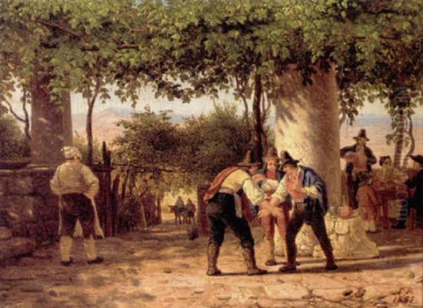 Fra Et Italiensk Osteri I Bjergene, I Forgrunden Tre Maend, Der Spiller Terre Oil Painting by Peter (Johann P.) Raadsig