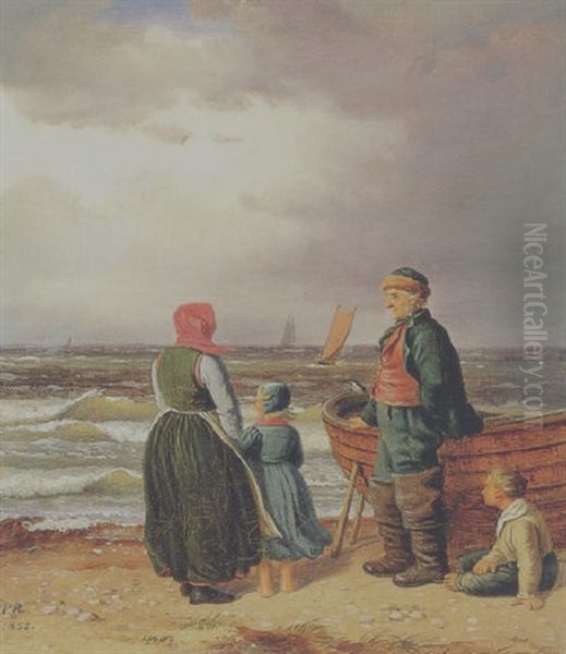 En Fiskerfamilie Ved Stranden Oil Painting by Peter (Johann P.) Raadsig