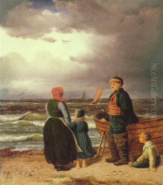 En Fiskerfamilie Pa Stranden Oil Painting by Peter (Johann P.) Raadsig