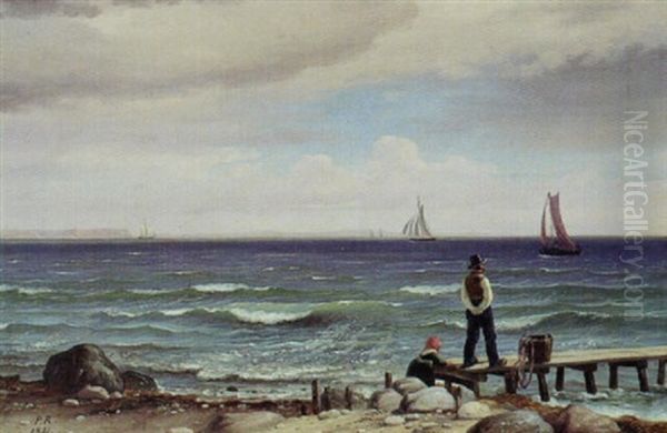 Marine Med Fiskeren Og Hans Kone, Der Ser Ud Over Havet Oil Painting by Peter (Johann P.) Raadsig