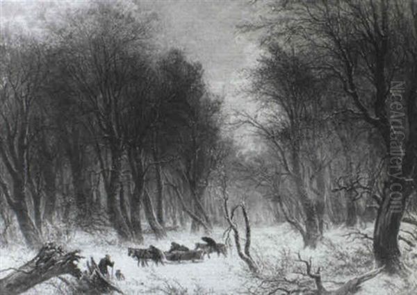 Winter Forest Landscape With Horse Sled And Travelers Oil Painting by Peter (Johann P.) Raadsig