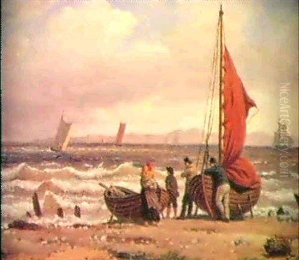 Fiskerfamile Ved Bade Pa Stranden Oil Painting by Peter (Johann P.) Raadsig