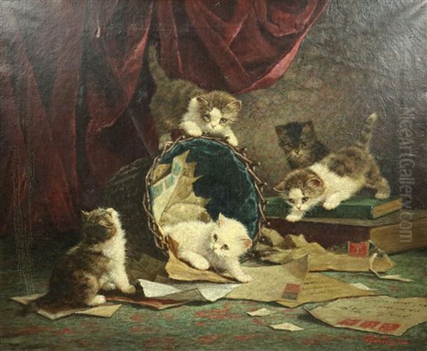 Kittens Spelend Met Een Mand Enveloppen Oil Painting by Cornelis Raaphorst