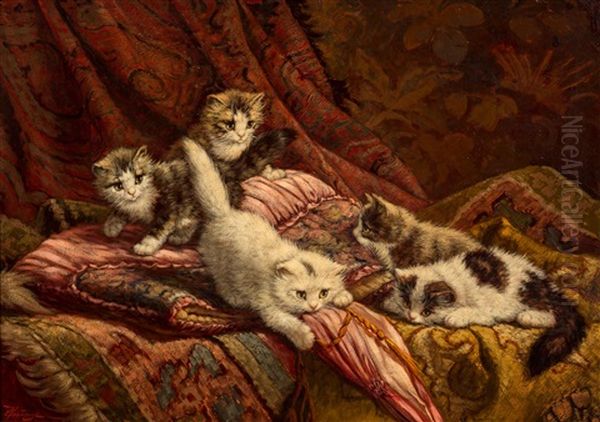 Five Kittens In Opulent Surroundings Oil Painting by Cornelis Raaphorst