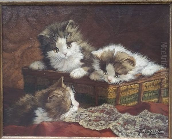 3 Spelende Poesjes Op En Bij Een Mand Oil Painting by Cornelis Raaphorst