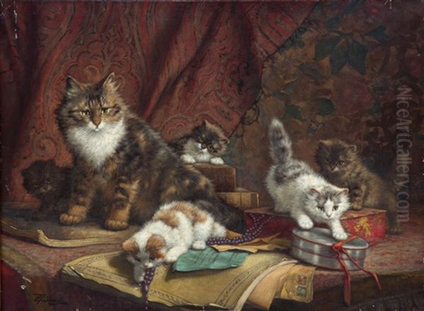 Kittens Playing On A Jewel Box Oil Painting by Cornelis Raaphorst