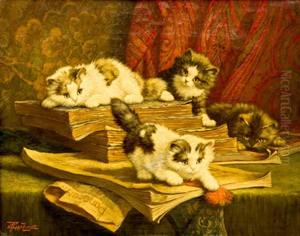 Four Kittens On A Table With Books Oil Painting by Cornelis Raaphorst