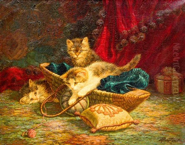 Three Kittens Playing With A Ball Of Yarn Oil Painting by Cornelis Raaphorst