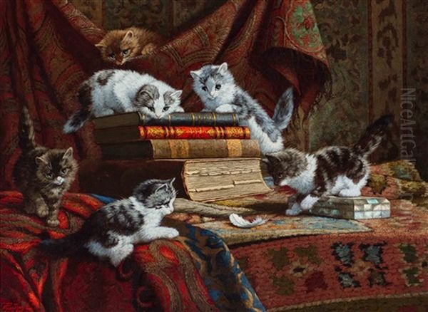 Kittens Playing With A Mystery Oil Painting by Cornelis Raaphorst